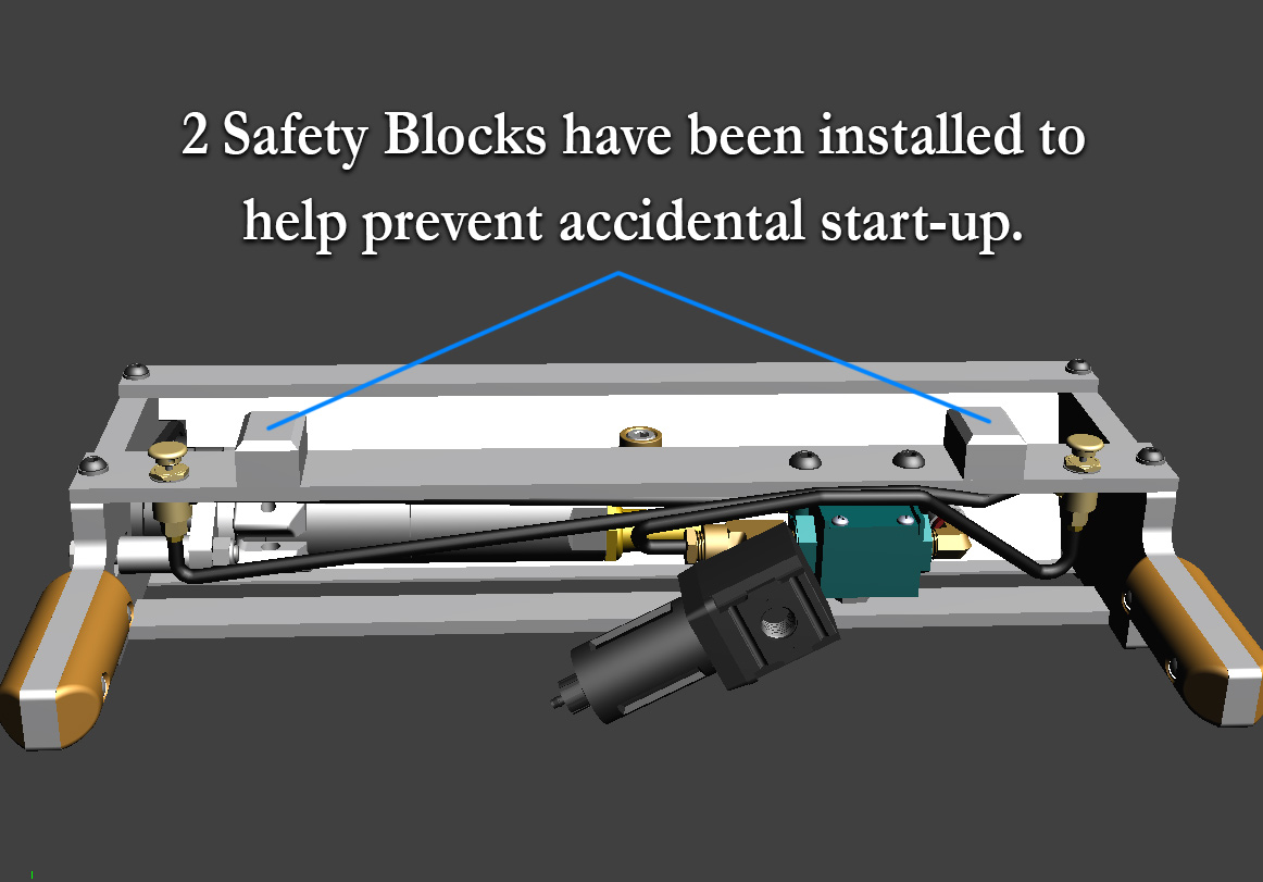 Two safety blocks are installed to help prevent accidental start-up.